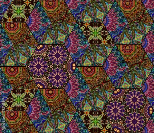 Seamless patchwork pattern with beautiful ethnic ornament. Print for fabric, wallpaper, gift paper, tapestry, ceramic tiles.