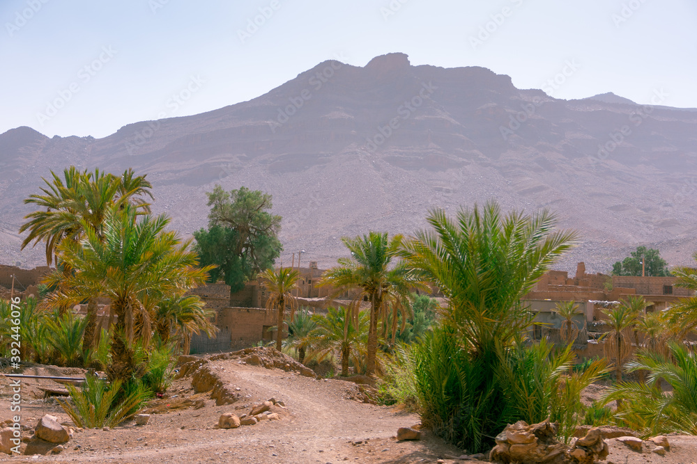 Desert villa with palm trees, adobe houses and mountains in the background. Morocco. High Atlas, Morocco Desert villa with palm trees, adobe houses and mountains in the background. Morocco. High Atlas, Morocco
