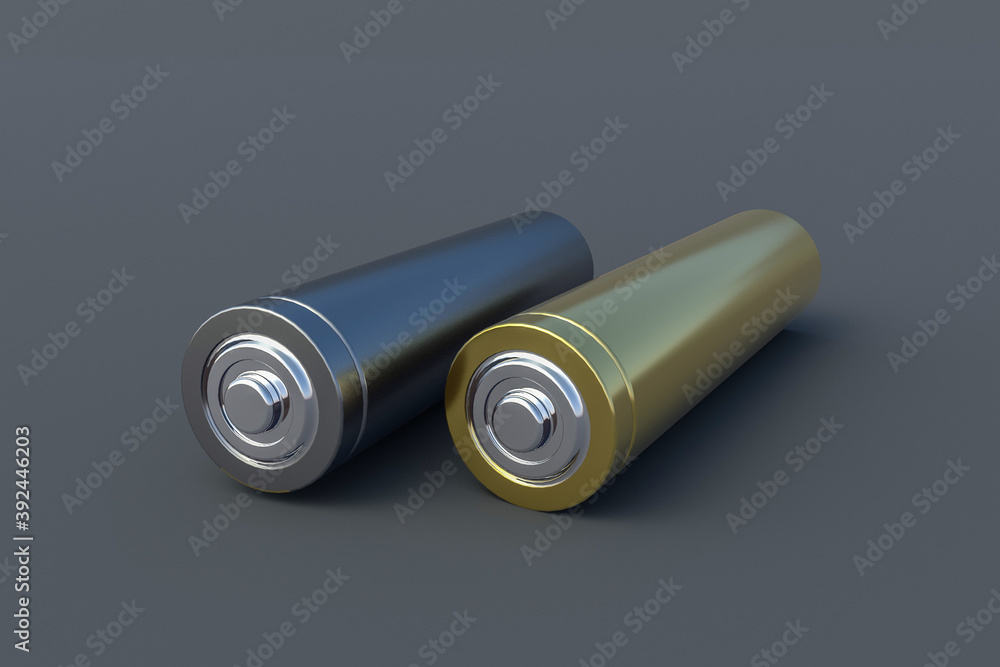 Two glossy batteries gold and silver color aa or aaa size on gray background. Electricity and alternative energy cost concept . 3d rendering Two glossy batteries gold and silver color aa or aaa size on gray background. Electricity and alternative energy cost concept . 3d rendering