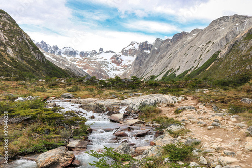 Fototapeta Naklejka Na Ścianę i Meble -  creek with snowy mountains in the background in the Argentine Patagonia