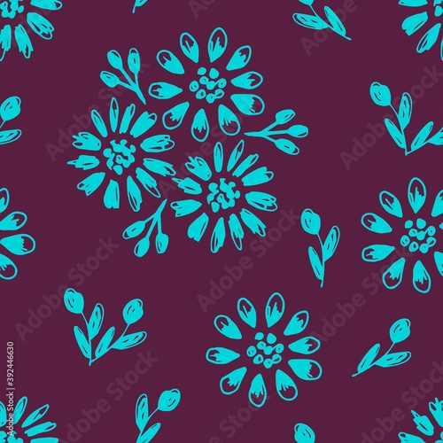 Hand-drawn floral vector seamless pattern. Bright turquoise flowers on a dark burgundy purple background. For fabric prints, textile products, home decor.