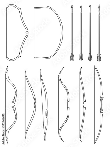 Leinwand Poster Set of simple vector images of medieval bows and arrows drawn in art line style