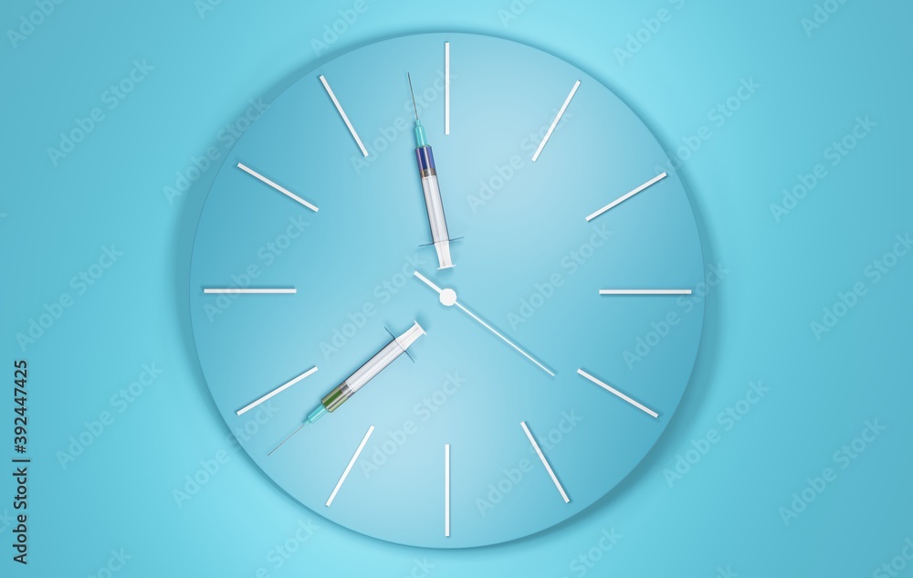 Blue clock on a blue wall with syringes as hands. Concept for waiting for a vaccine, 3d illustration Blue clock on a blue wall with syringes as hands. Concept for waiting for a vaccine, 3d illustration