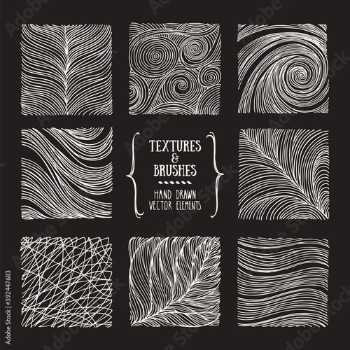 Hand drawn wavy linear textures made with ink. Artistic collection of graphic design elements. Swirl, circle, wavy stripe, abstract line, organic background, geometric pattern. Isolated vector set.