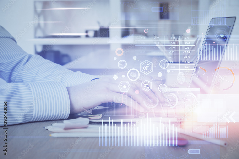 Businessman working on Laptop with technology theme drawing. Concept of big data. Double exposure. Businessman working on Laptop with technology theme drawing. Concept of big data. Double exposure.