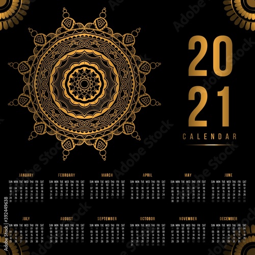 Calendar 2020 elegant gold text with ornamental mandala. 3d new year calendar with black background illustration with light. 
