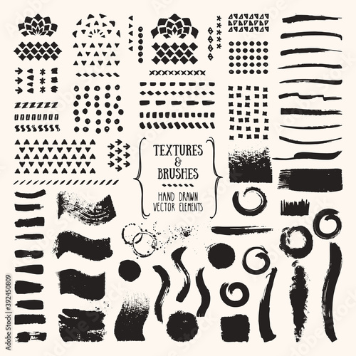 Hand drawn vector brushes and textures. Artistic collection chalk strokes, dabs of paint, patterns, ink splatters. Art brushes are included in EPS file. Isolated clipart design elements.