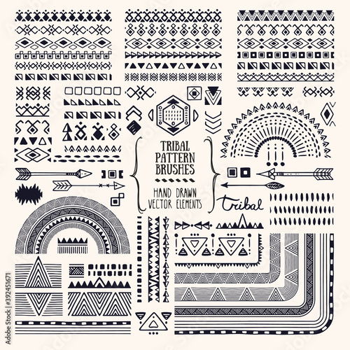 Hand drawn ethnic brushes, patterns, textures. Artistic vector collection of design elements, tribal geometric ornament, aztec style, native americans' fabric. Pattern brushes are included in EPS.