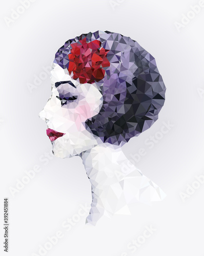 Portraits of woman with flower in her hair. Low-poly style illustration