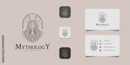 Old man logo with long beard and war helmet in vintage line concept for your business