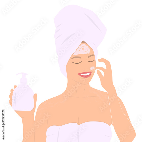 Cheerful young smiling girl in a towel on blue background using face cream after taking a shower, beauty product advertisement, flat illustration