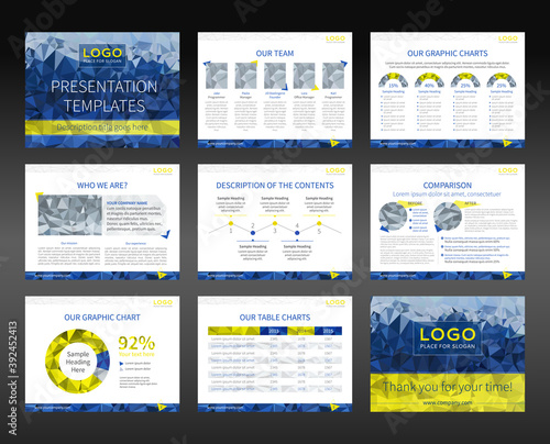 Presentation templates and business brochures. Layout design. Low-poly style illustration - blue and yellow version