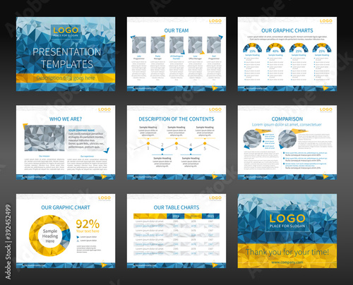 Presentation templates and business brochures. Layout design. Low-poly style illustration - cyan and yellow version