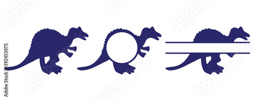 Dinosaur spinosaurus silhouette and cut monogram with s space for name. Isolated on white background.
