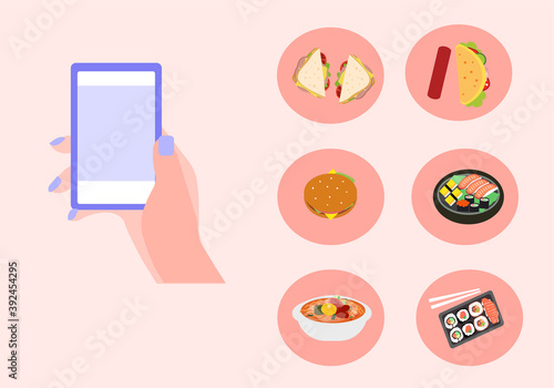 Ordering an online large range of food, vector graphics