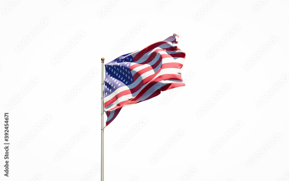 Fototapeta premium Beautiful national state flag of USA America on white background. Isolated close-up USA America flag 3D artwork.