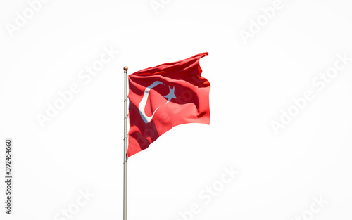 Beautiful national state flag of Turkey on white background. Isolated close-up Turkey flag 3D artwork.