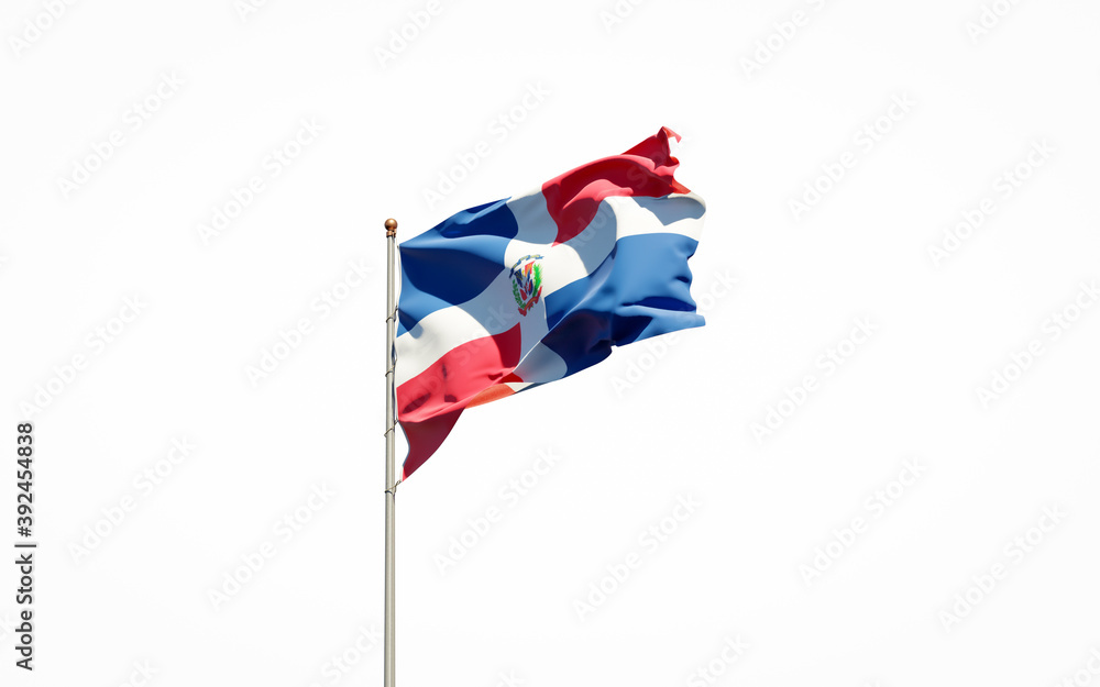 Beautiful national state flag of Dominican Republic on white background. Isolated close-up Dominican Republic flag 3D artwork.