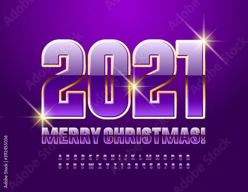 Vector elite greeting card Merry Christmas 2021! Violet and Gold shiny Font. Luxury Alphabet Letters and Numbers set
