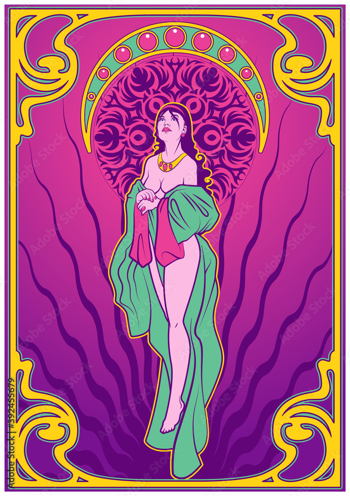 Art Nouveau Style Poster Psychedelic Art Poster Woman and Decorative Frame 