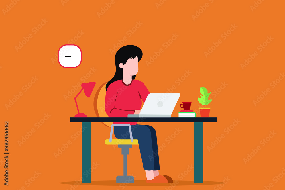 Work from Home Illustration.Teamwork distancing communication.Business woman character.Vector illustration Work from Home Illustration.Teamwork distancing communication.Business woman character.Vector illustration