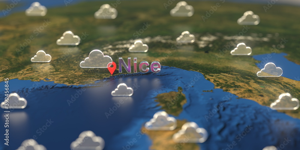 Nice city and cloudy weather icon on the map, weather forecast related 3D rendering Nice city and cloudy weather icon on the map, weather forecast related 3D rendering