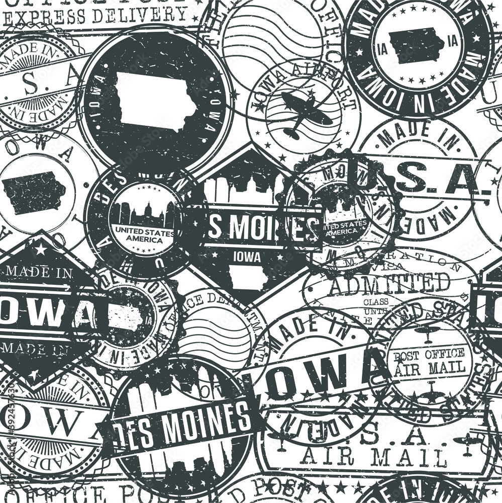 Des Moines Iowa Stamps Background. City Stamp Vector Art. Postal Passport Travel. Design Set Pattern.