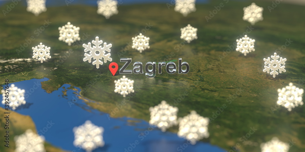 Snowy weather icons near Zagreb city on the map, weather forecast related 3D rendering