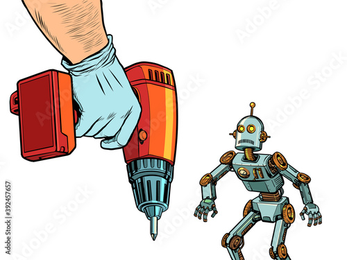 Repair of robotics concept. The robot and the drill