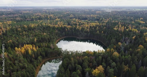 Sunset at blue lake. Beautiful autumn aerial footage. photo