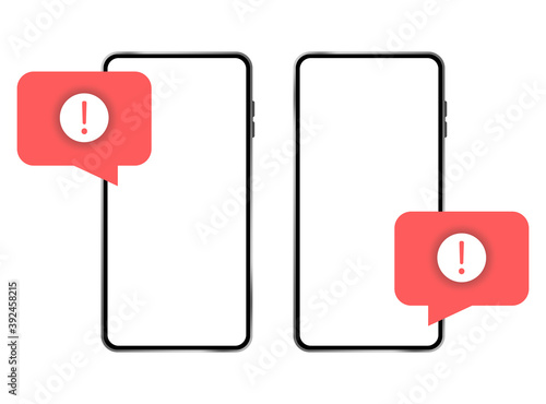 Exclamation, caution on a frameless phone with a place to insert. Phone with white background.