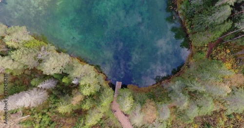 Sunset at blue lake. Beautiful autumn aerial footage. photo