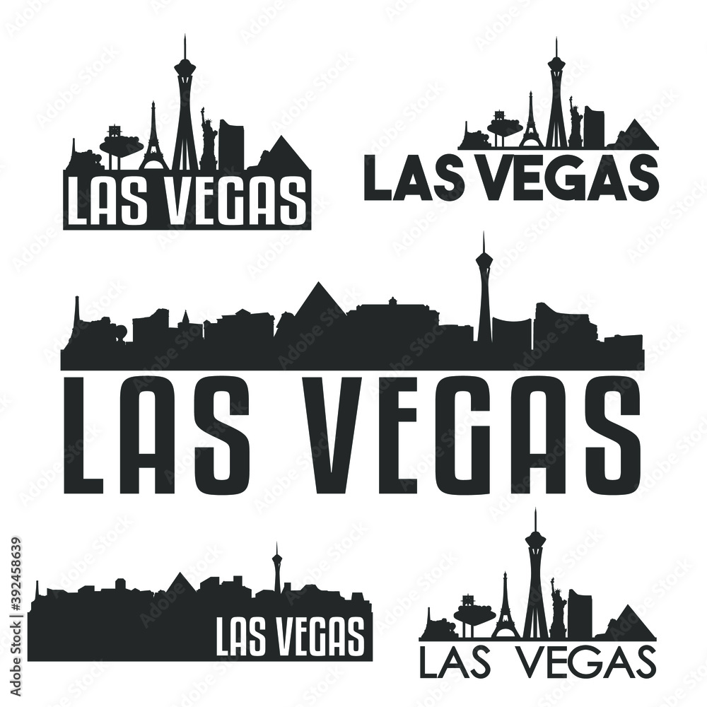 Las Vegas Nevada USA Flat Icon Skyline Silhouette Design City Vector Art Famous Buildings Color Set Logos.