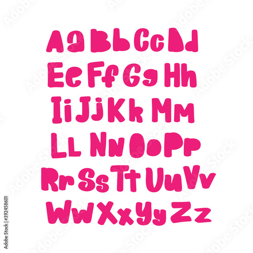 Hand drawn rose brushed alphabet, pink sketch font, letters. 