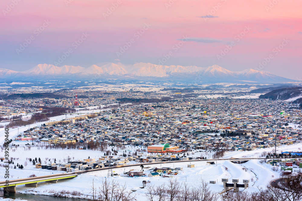 Asahikawa, Japan twilight winter cityscape in Hokkaido