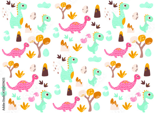 background with dinosaurs  vector illustration  dino  eggs  trees  footprints  volcano 