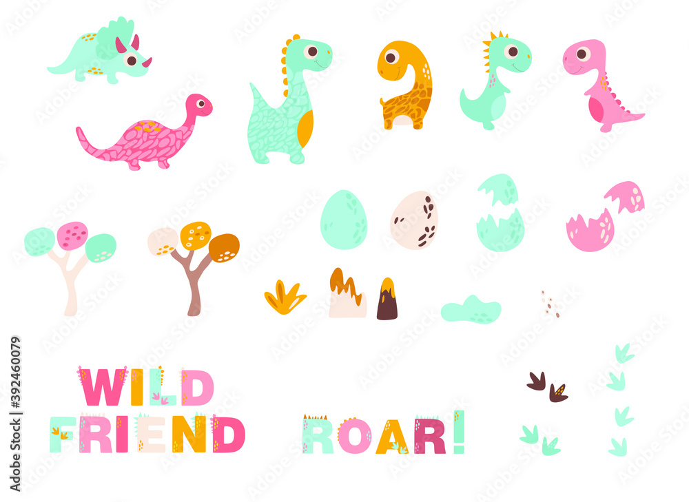 dinosaur, set with vector illustration of dino, eggs, footprints, trees, flowers, narrow, inscription dinosaur, set with vector illustration of dino, eggs, footprints, trees, flowers, narrow, inscription