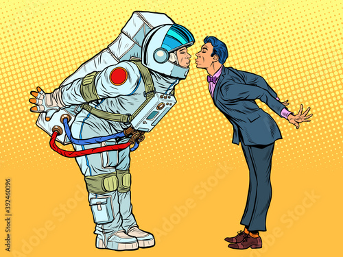 Astronaut woman or man prepared for a kiss with the groom