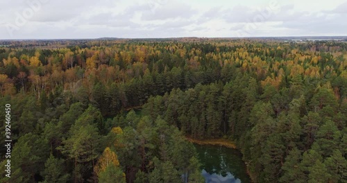 Sunset at blue lake. Beautiful autumn aerial footage. photo