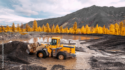 Wheel loader at work. It transports gold-bearing mountain soil to the hopper of the washing device. The gold mining industry in Eastern Siberia widely uses such equipment as front loader, bulldozer,  photo