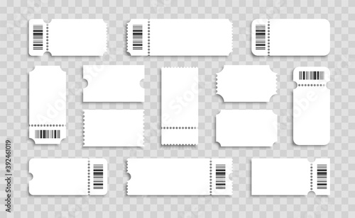 Blank tickets set. Realistic white mockup ticket with barcodes. For concert, lottery, movie and coupon.