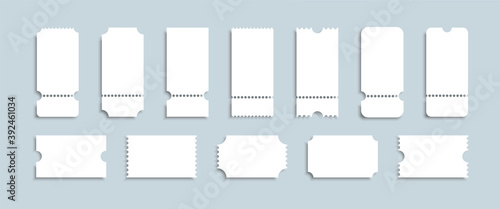 Blank tickets set. Realistic white mockup ticket for concert, boarding, lottery, movie and coupon. photo