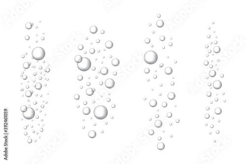 Fizzing air bubbles underwater. Realistic water bubbles. Bubbles for fizzy drinks, sparkling champagne and tablet, water soluble.