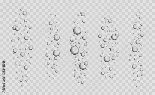 Fizzing air bubbles underwater on transparent background. Realistic water bubbles. Bubbles for fizzy drinks, sparkling champagne and tablet, water soluble.