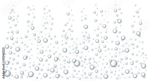 Fizzing air bubbles underwater. Realistic water bubbles. Bubbles for fizzy drinks, sparkling champagne and tablet, water soluble.