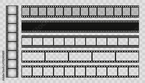 Film strip set. Blank stripes cinema on transparent background. Vector templates.