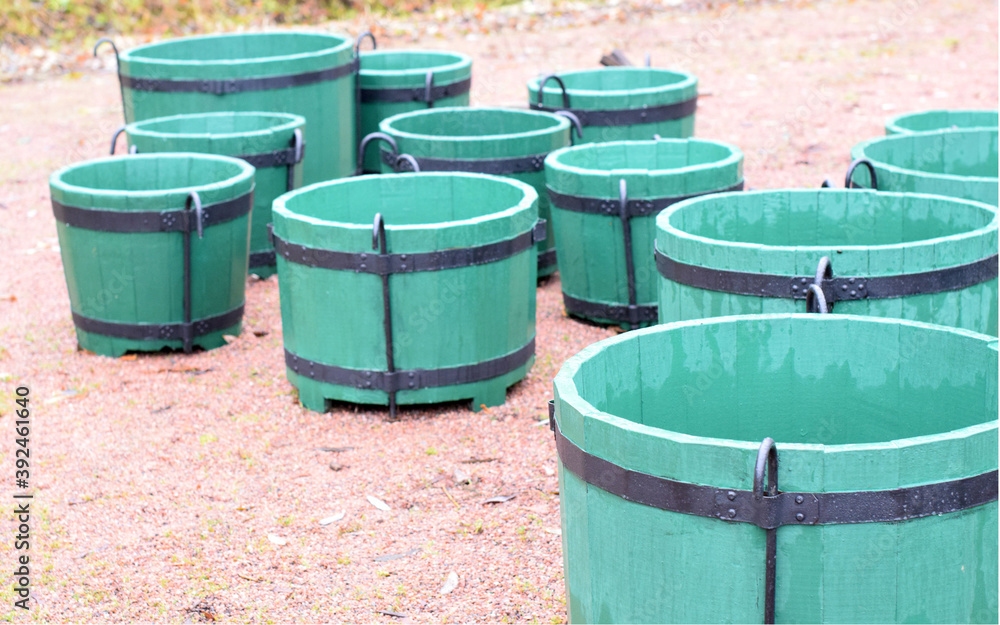 barrels in the Park for collecting leaves barrels in the Park for collecting leaves