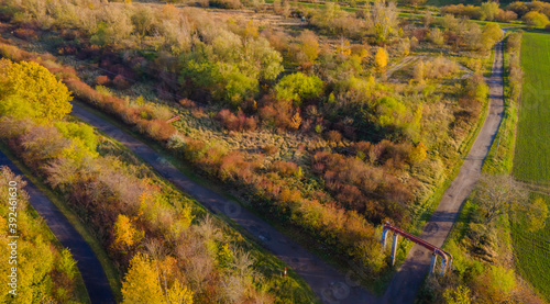 Idyllic paved path through wide floodplain meadows and beautiful autumn forests, view from above / drone shot, concept of vacation, recreation and hiking