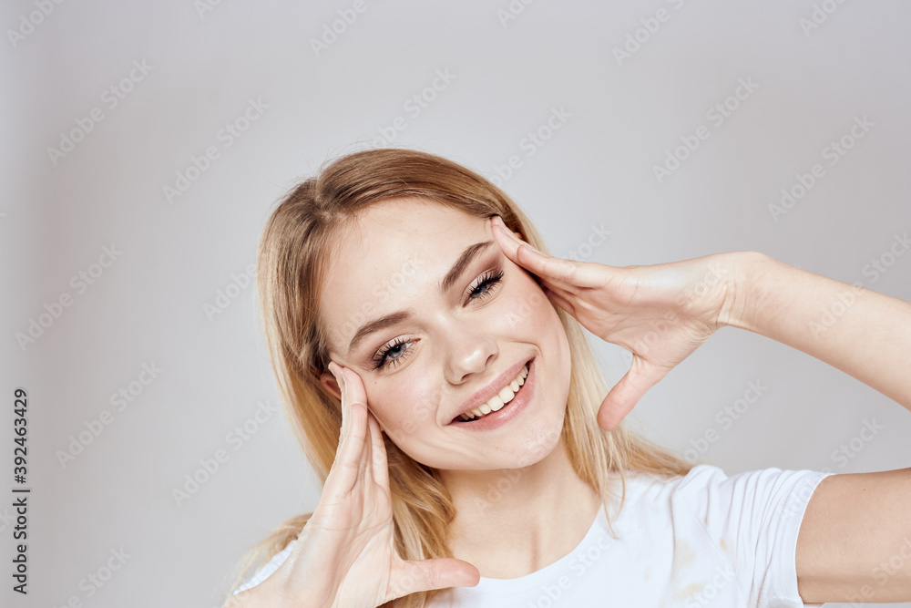 emotional blonde white t-shirt close-up studio lifestyle fun emotional blonde white t-shirt close-up studio lifestyle fun