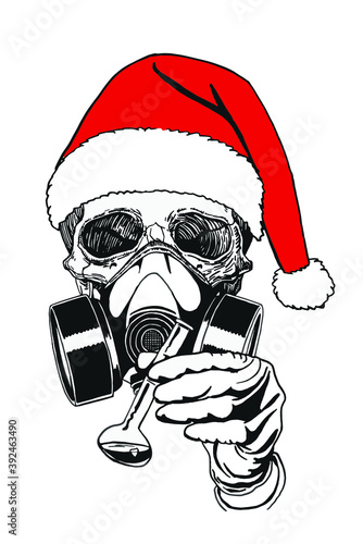 Covid 19. Human skull in Santa Claus hat isolated on white background, vector illustration